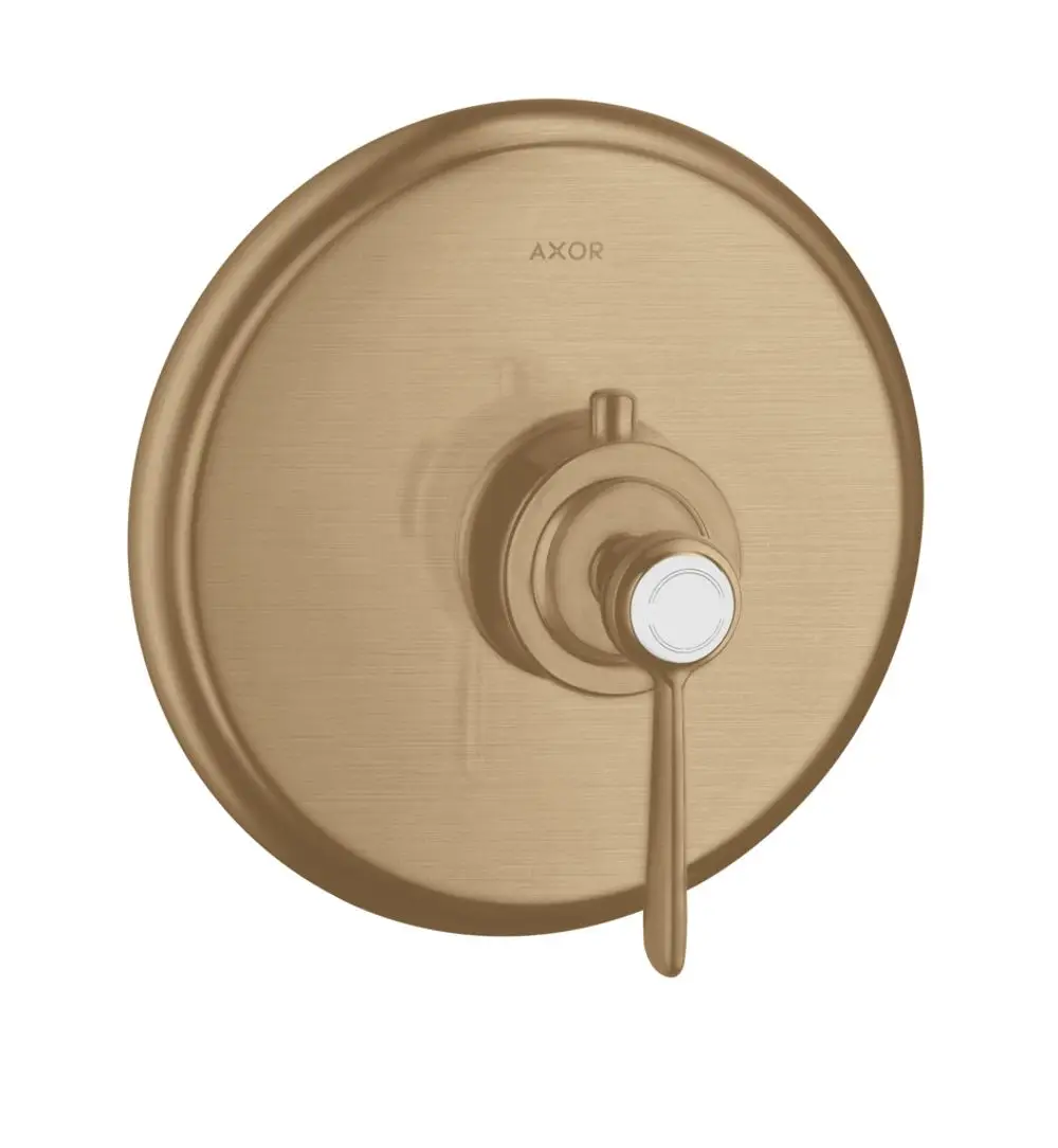 Thermostat-Element mit rundem Bedienfeld und Hebelgriff in gebürstetem Bronze-Finish von AXOR. Geeignet für die Unterputzmontage.